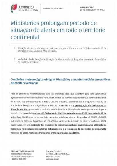 Prolongamento de per&iacute;odo de situa&ccedil;&atilde;o de alerta em todo o territ&oacute;rio